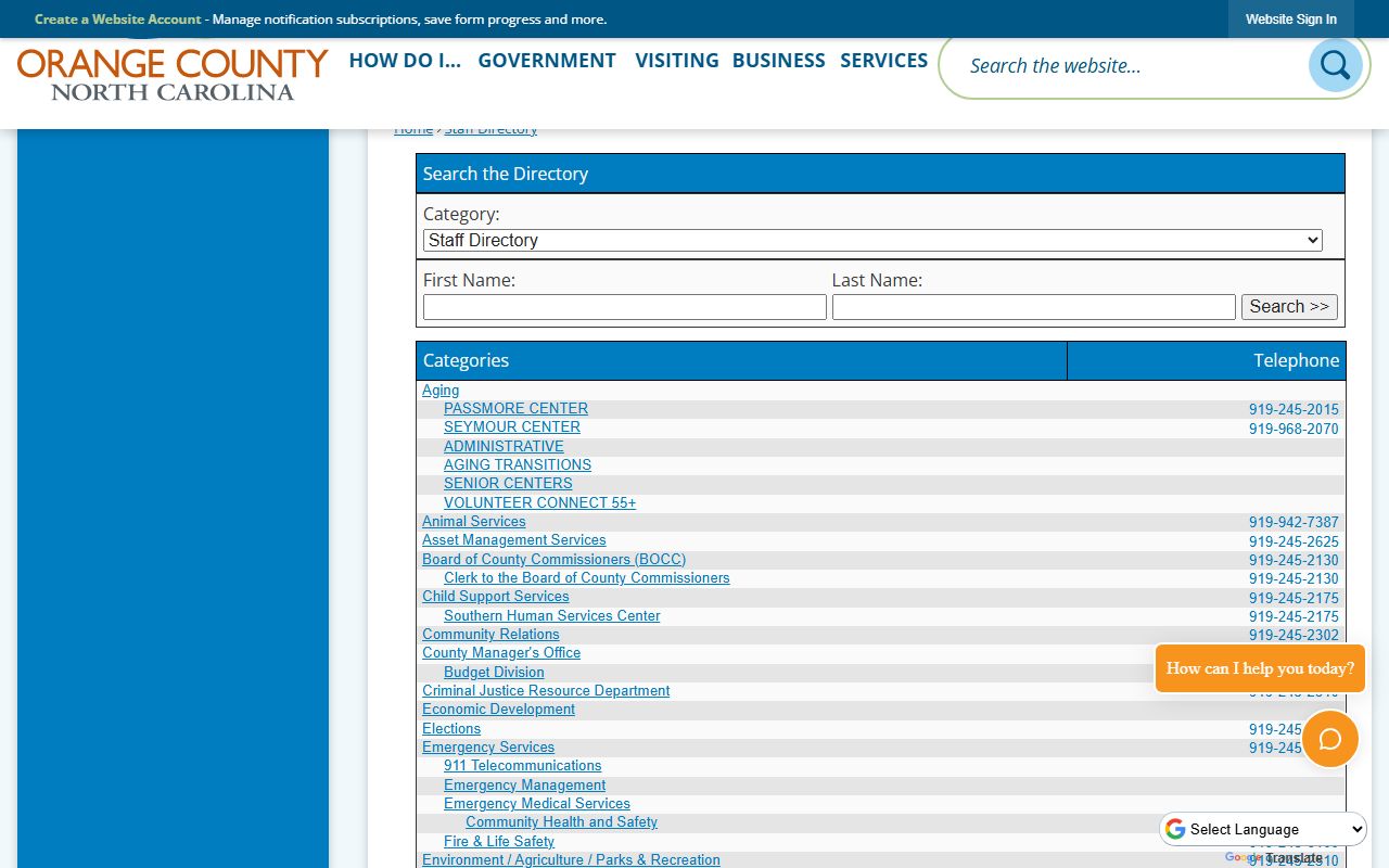Chapel Hill phone directory Orange County staff directory