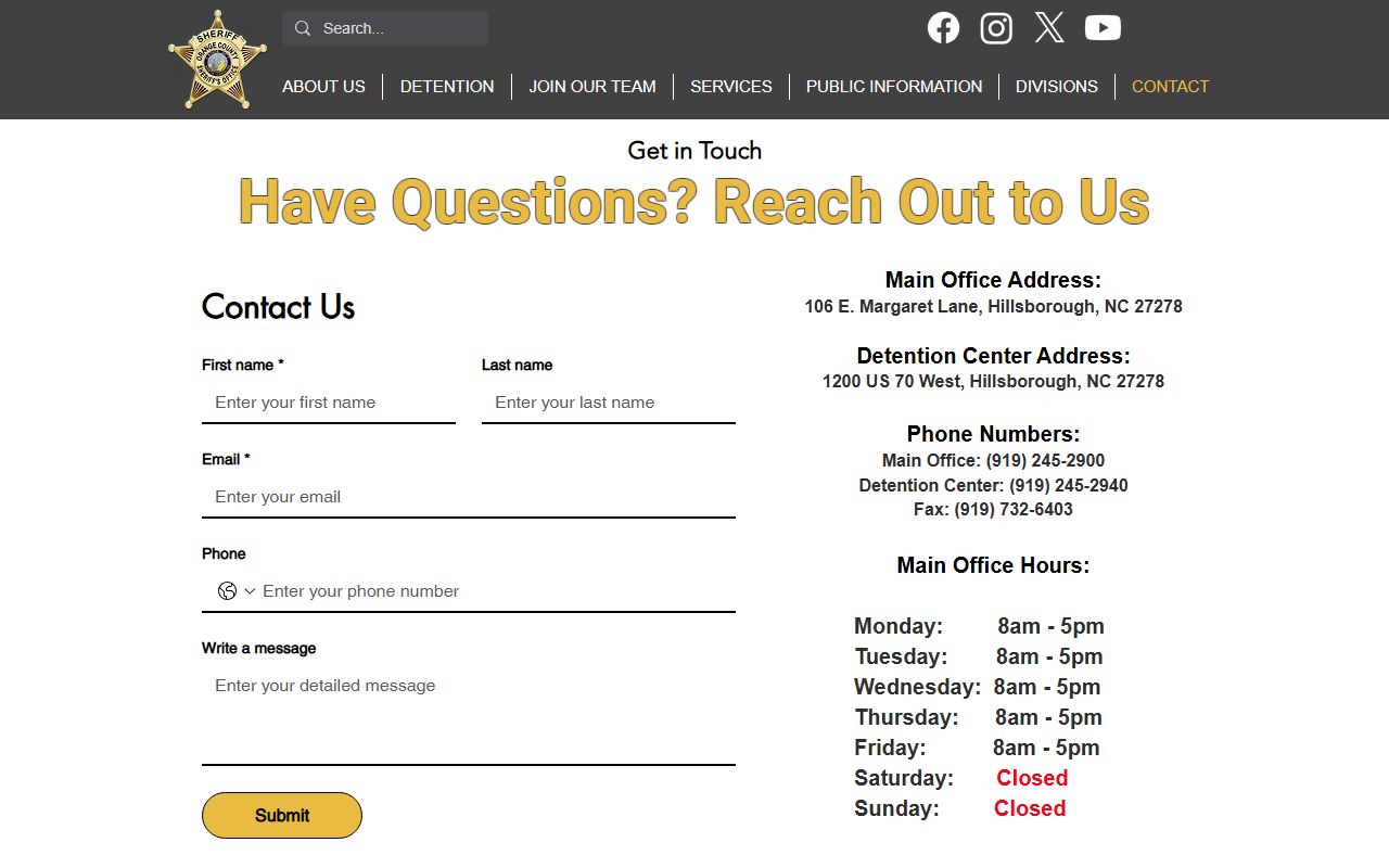 Chapel Hill phone numbers Orange County Sheriff's Office contact page